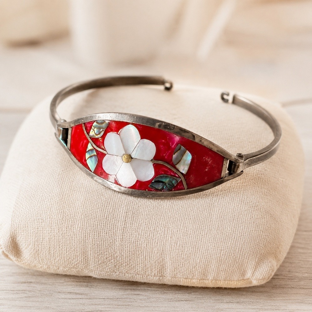 Red Mother of Pearl Abalone Inlay Floral Hinged Bangle Bracelet Boho Artisan